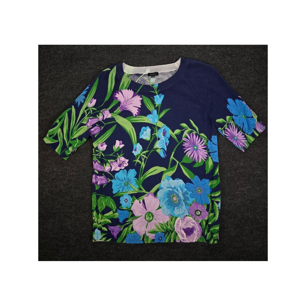 Talbots Women's Navy Blue Floral Print Crew Neck Long Sleeve Sweater Top Size M